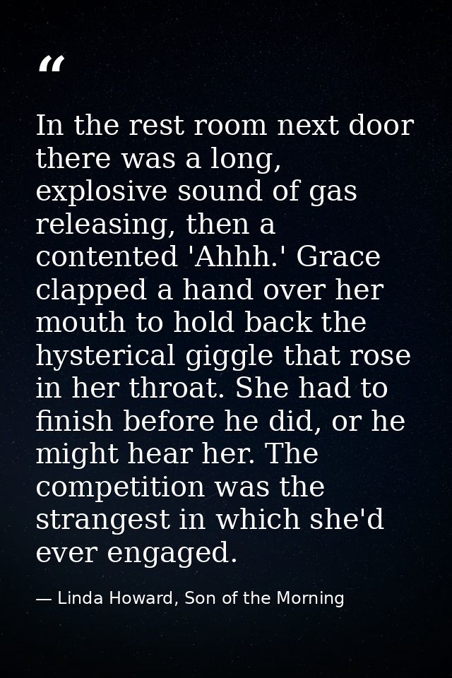 In the rest room next door there was a long, explosive sound of gas releasing, then a contented 'Ahhh.' Grace clapped a  — Linda Howard, Son of the Morning
