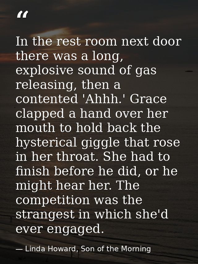 In the rest room next door there was a long, explosive sound of gas releasing, then a contented 'Ahhh.' Grace clapped a  — Linda Howard, Son of the Morning
