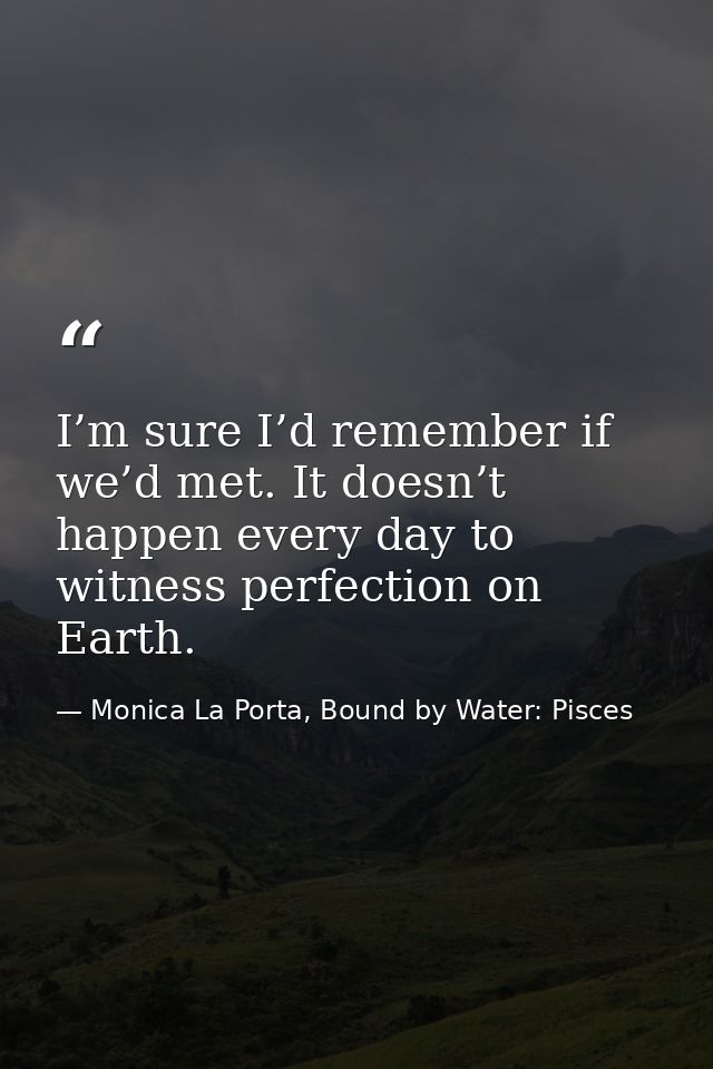 I’m sure I’d remember if we’d met. It doesn’t happen every day to witness perfection on Earth. — Monica La Porta, Bound by Water: Pisces