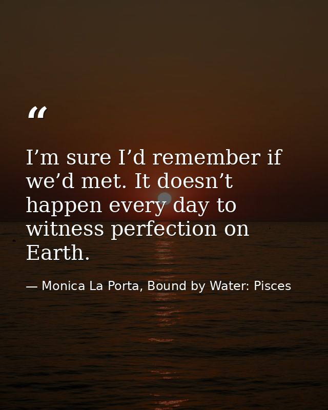I’m sure I’d remember if we’d met. It doesn’t happen every day to witness perfection on Earth. — Monica La Porta, Bound by Water: Pisces
