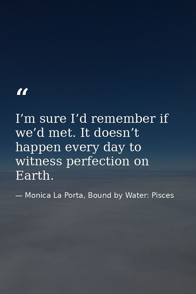I’m sure I’d remember if we’d met. It doesn’t happen every day to witness perfection on Earth. — Monica La Porta, Bound by Water: Pisces