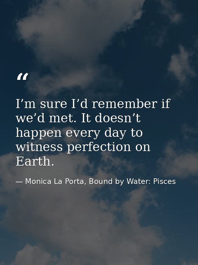 I’m sure I’d remember if we’d met. It doesn’t happen every day to witness perfection on Earth. — Monica La Porta, Bound by Water: Pisces