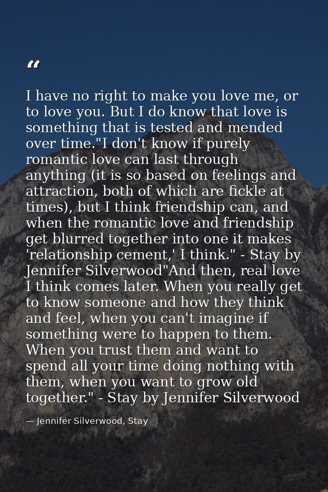 I have no right to make you love me, or to love you. But I do know that love is something that is tested and mended over — Jennifer Silverwood, Stay