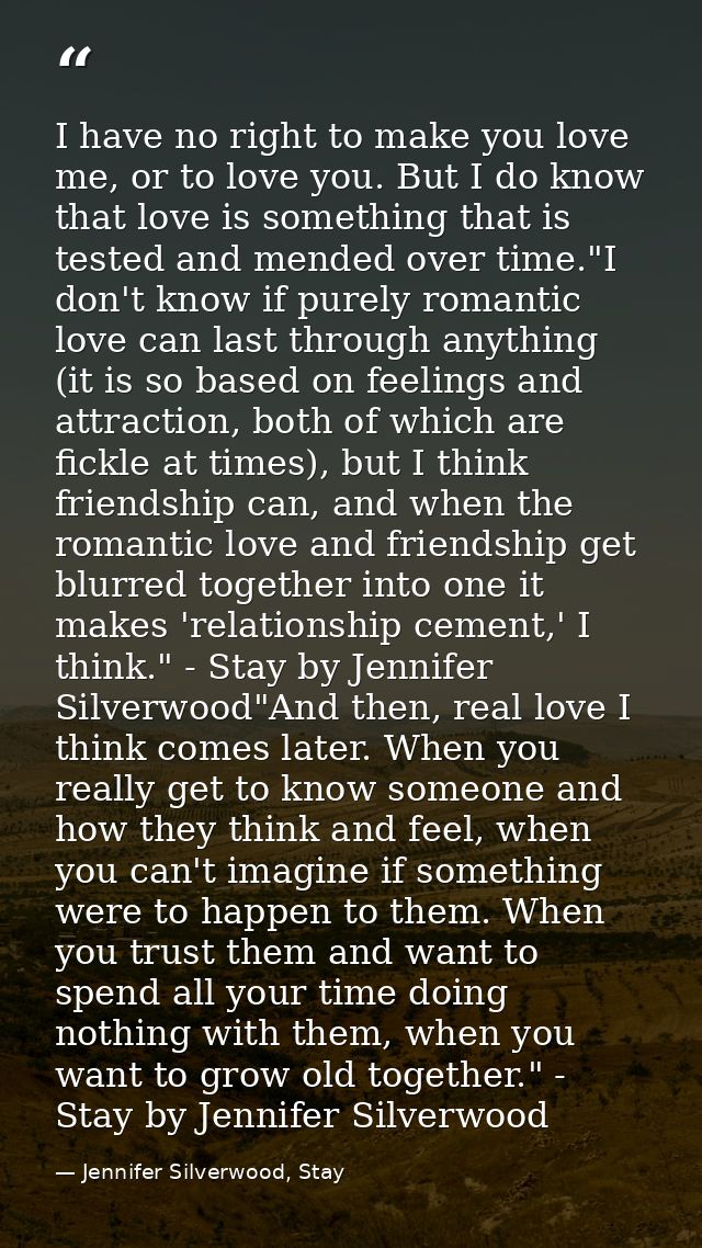 I have no right to make you love me, or to love you. But I do know that love is something that is tested and mended over — Jennifer Silverwood, Stay