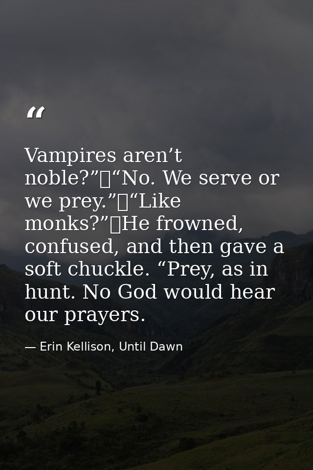 Vampires aren’t noble?”	“No. We serve or we prey.”	“Like monks?”	He frowned, confused, and then gave a soft chuckle. “Pr — Erin Kellison, Until Dawn