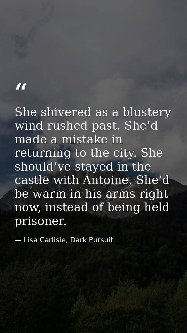 She shivered as a blustery wind rushed past. She’d made a mistake in returning to the city. She should’ve stayed in the  — Lisa Carlisle, Dark Pursuit
