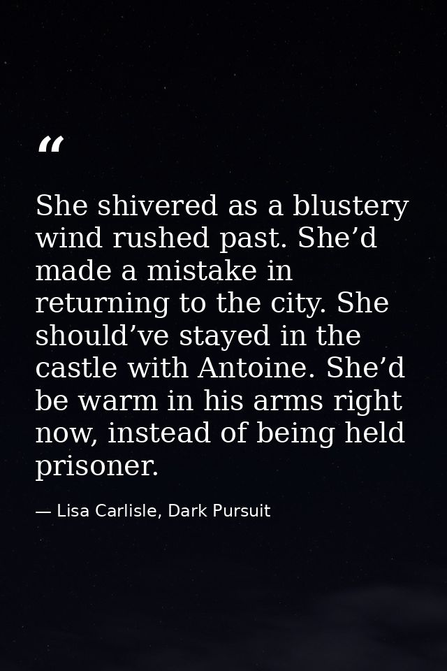 She shivered as a blustery wind rushed past. She’d made a mistake in returning to the city. She should’ve stayed in the  — Lisa Carlisle, Dark Pursuit