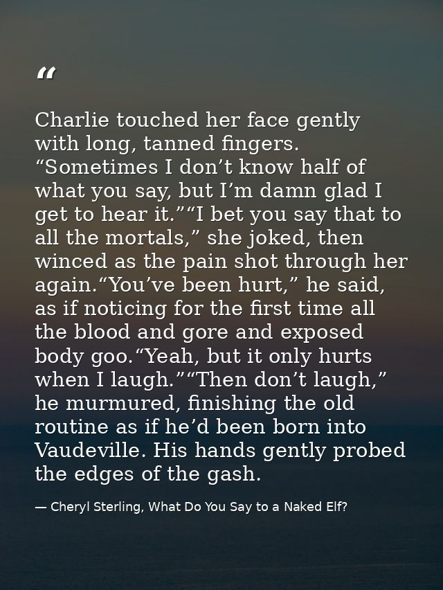 Charlie touched her face gently with long, tanned fingers. “Sometimes I don’t know half of what you say, but I’m damn gl — Cheryl Sterling, What Do You Say to a Naked Elf?