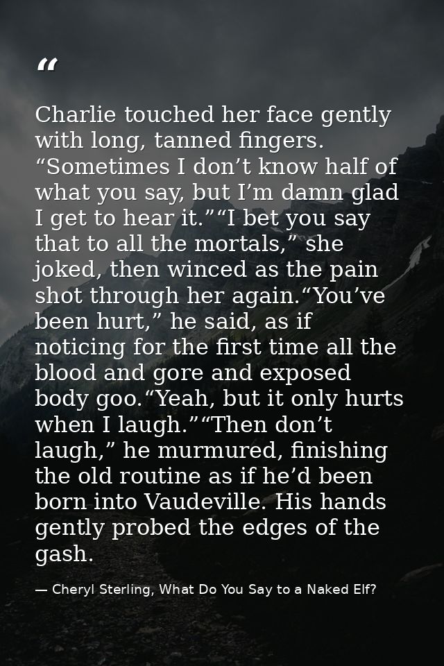 Charlie touched her face gently with long, tanned fingers. “Sometimes I don’t know half of what you say, but I’m damn gl — Cheryl Sterling, What Do You Say to a Naked Elf?