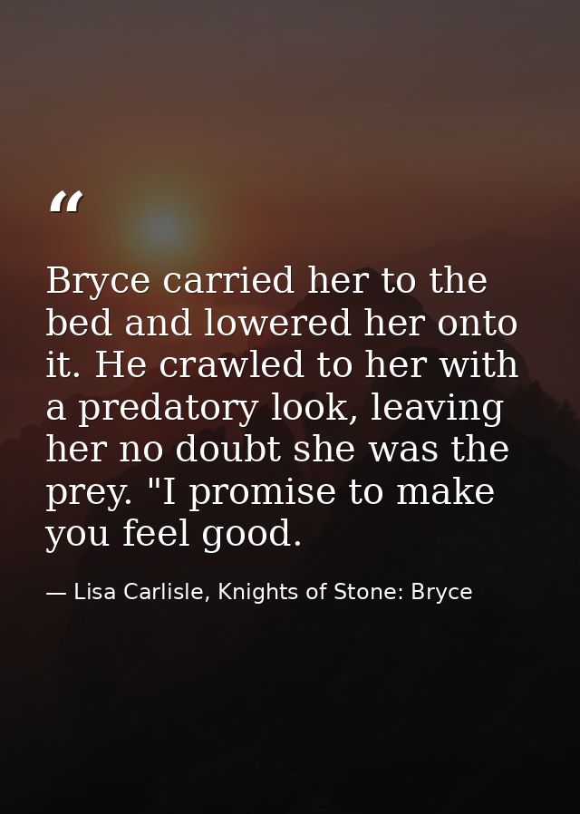 Bryce carried her to the bed and lowered her onto it. He crawled to her with a predatory look, leaving her no doubt she  — Lisa Carlisle, Knights of Stone: Bryce