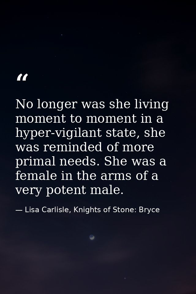 No longer was she living moment to moment in a hyper-vigilant state, she was reminded of more primal needs. She was a fe — Lisa Carlisle, Knights of Stone: Bryce