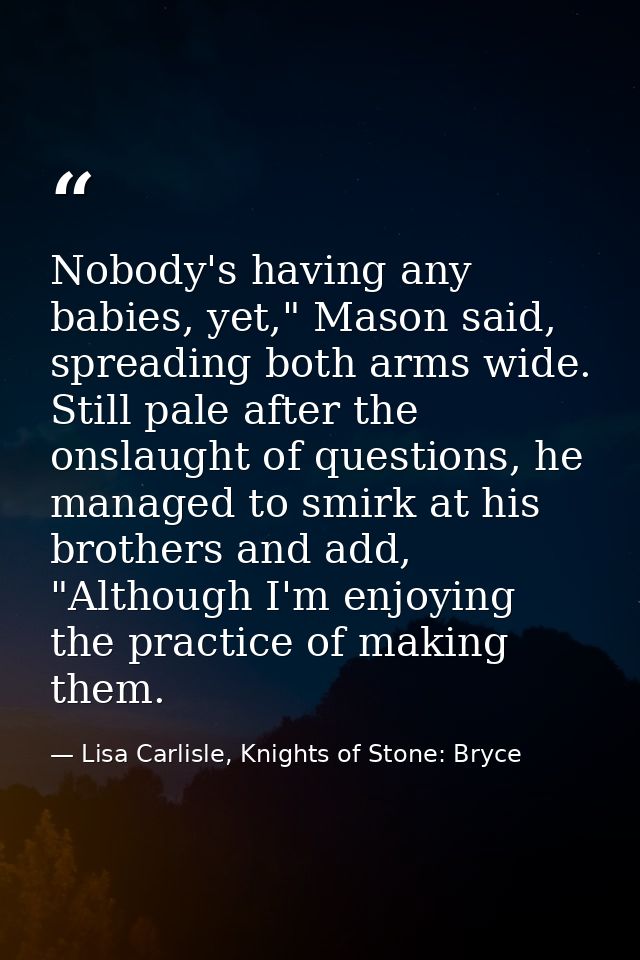 Nobody's having any babies, yet," Mason said, spreading both arms wide. Still pale after the onslaught of questions, he  — Lisa Carlisle, Knights of Stone: Bryce