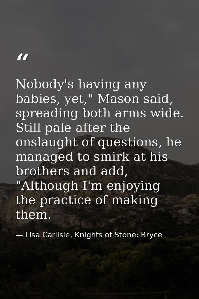Nobody's having any babies, yet," Mason said, spreading both arms wide. Still pale after the onslaught of questions, he  — Lisa Carlisle, Knights of Stone: Bryce