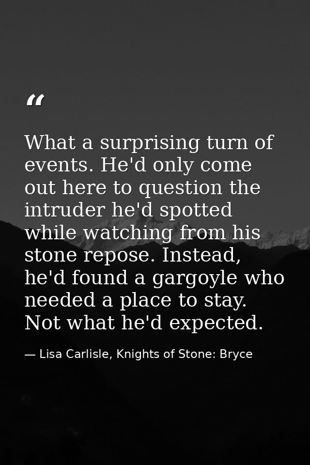 What a surprising turn of events. He'd only come out here to question the intruder he'd spotted while watching from his  — Lisa Carlisle, Knights of Stone: Bryce