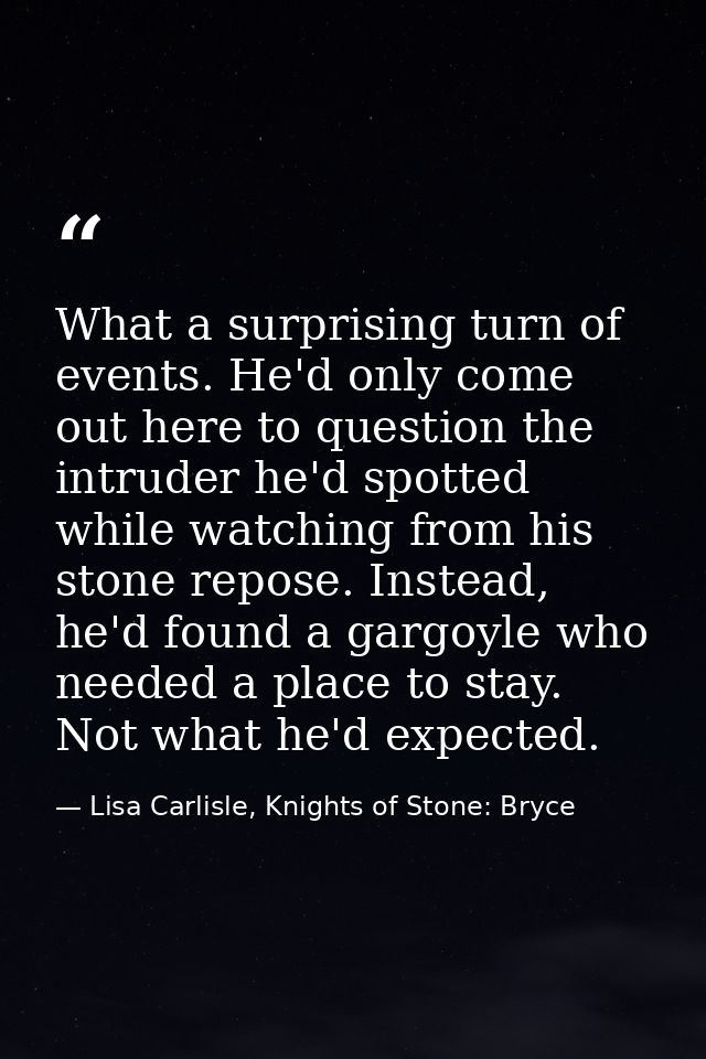 What a surprising turn of events. He'd only come out here to question the intruder he'd spotted while watching from his  — Lisa Carlisle, Knights of Stone: Bryce