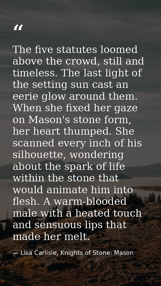 The five statutes loomed above the crowd, still and timeless. The last light of the setting sun cast an eerie glow aroun — Lisa Carlisle, Knights of Stone: Mason