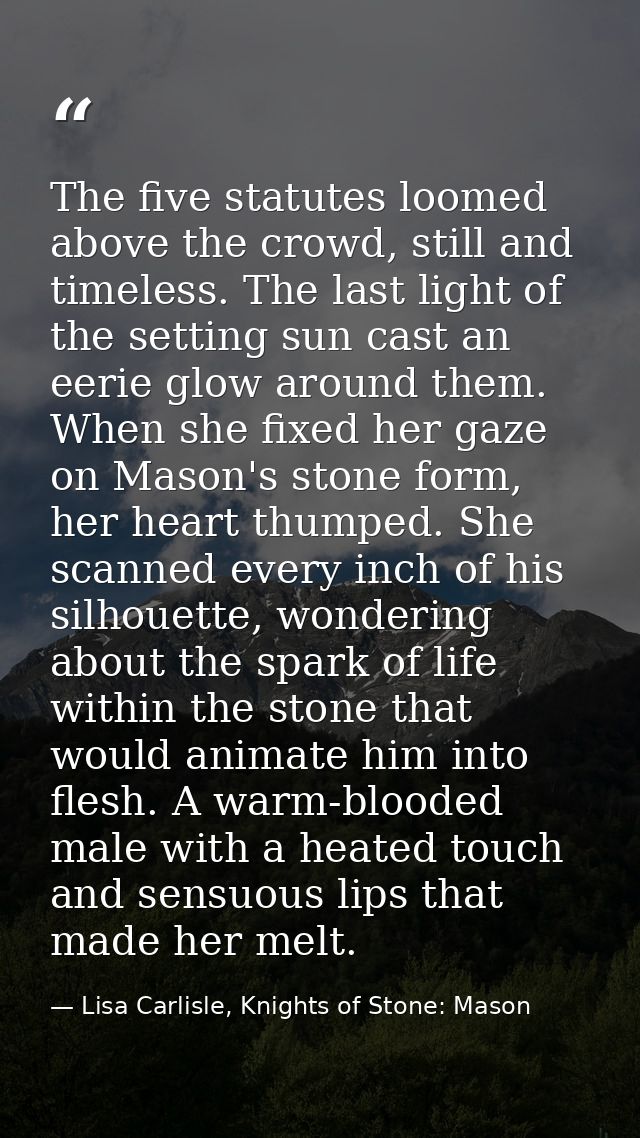 The five statutes loomed above the crowd, still and timeless. The last light of the setting sun cast an eerie glow aroun — Lisa Carlisle, Knights of Stone: Mason