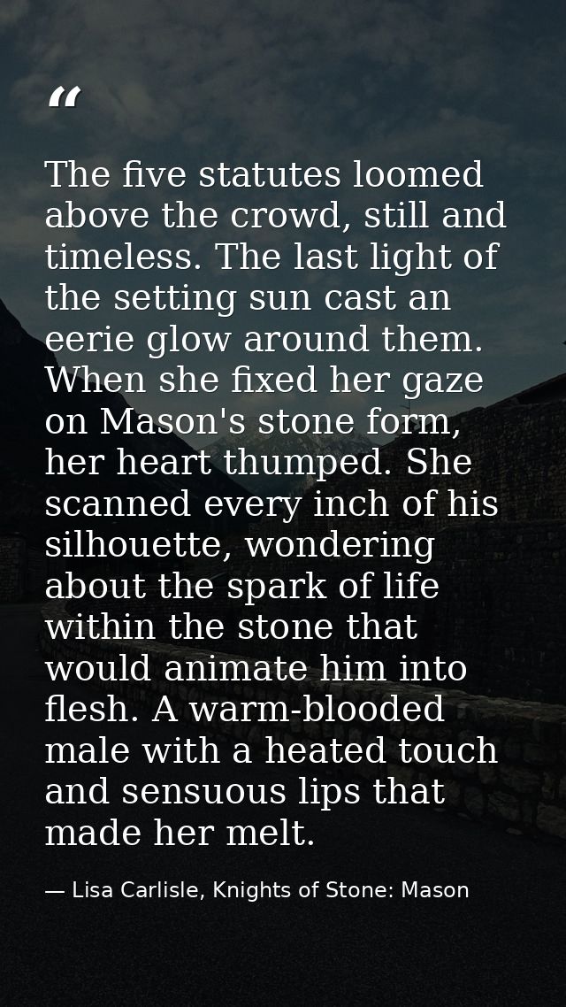 The five statutes loomed above the crowd, still and timeless. The last light of the setting sun cast an eerie glow aroun — Lisa Carlisle, Knights of Stone: Mason