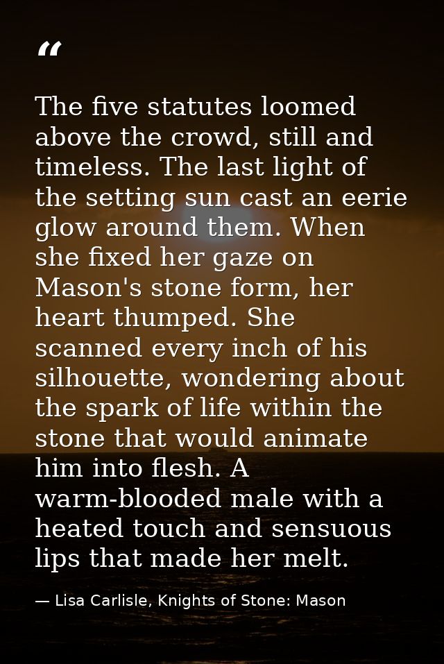 The five statutes loomed above the crowd, still and timeless. The last light of the setting sun cast an eerie glow aroun — Lisa Carlisle, Knights of Stone: Mason