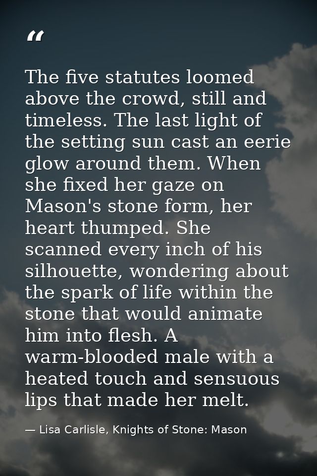 The five statutes loomed above the crowd, still and timeless. The last light of the setting sun cast an eerie glow aroun — Lisa Carlisle, Knights of Stone: Mason