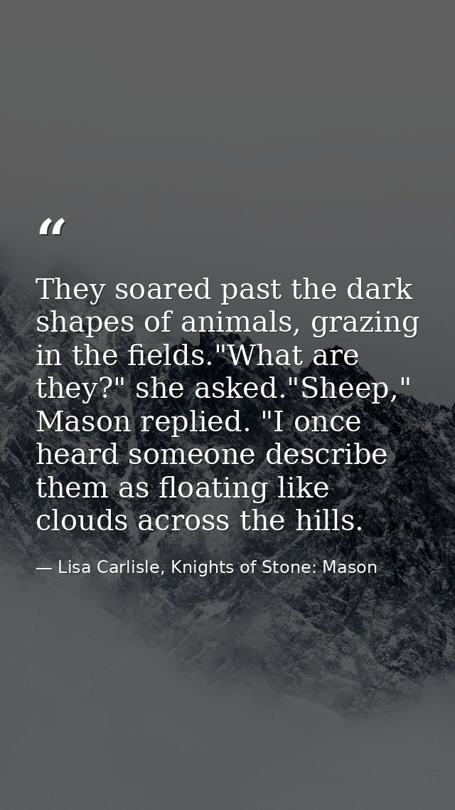 They soared past the dark shapes of animals, grazing in the fields."What are they?" she asked."Sheep," Mason replied. "I — Lisa Carlisle, Knights of Stone: Mason