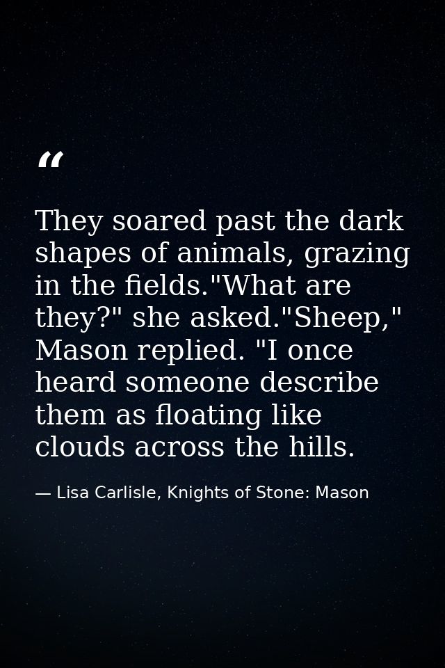 They soared past the dark shapes of animals, grazing in the fields."What are they?" she asked."Sheep," Mason replied. "I — Lisa Carlisle, Knights of Stone: Mason