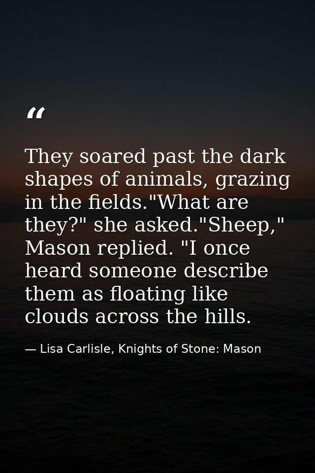 They soared past the dark shapes of animals, grazing in the fields."What are they?" she asked."Sheep," Mason replied. "I — Lisa Carlisle, Knights of Stone: Mason