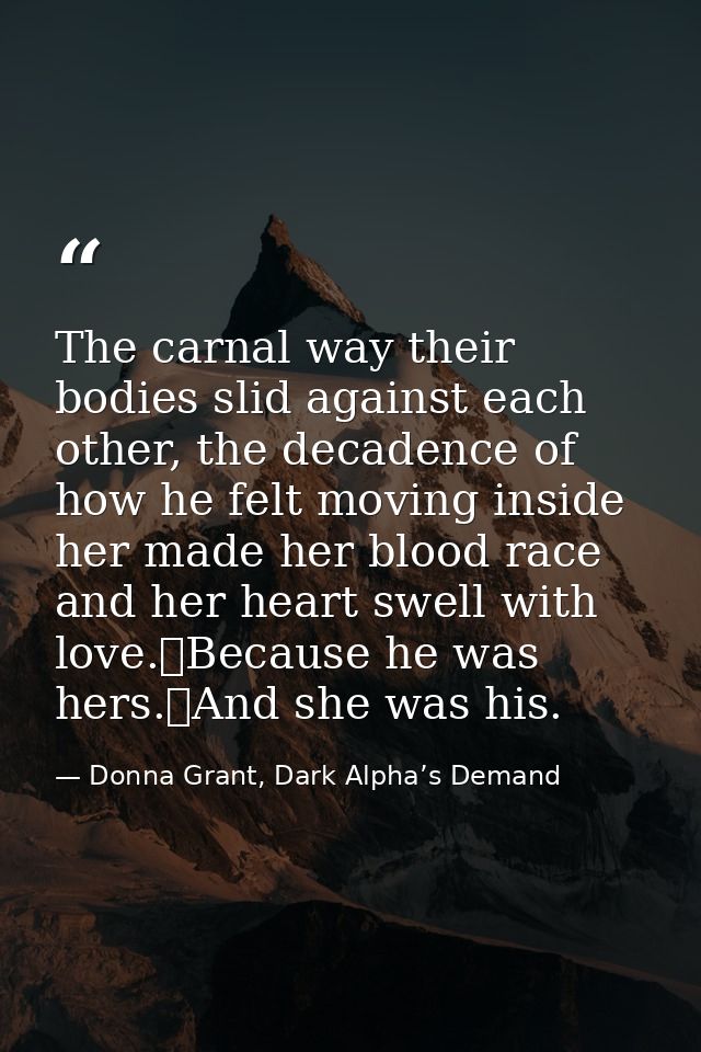The carnal way their bodies slid against each other, the decadence of how he felt moving inside her made her blood race  — Donna Grant, Dark Alpha’s Demand
