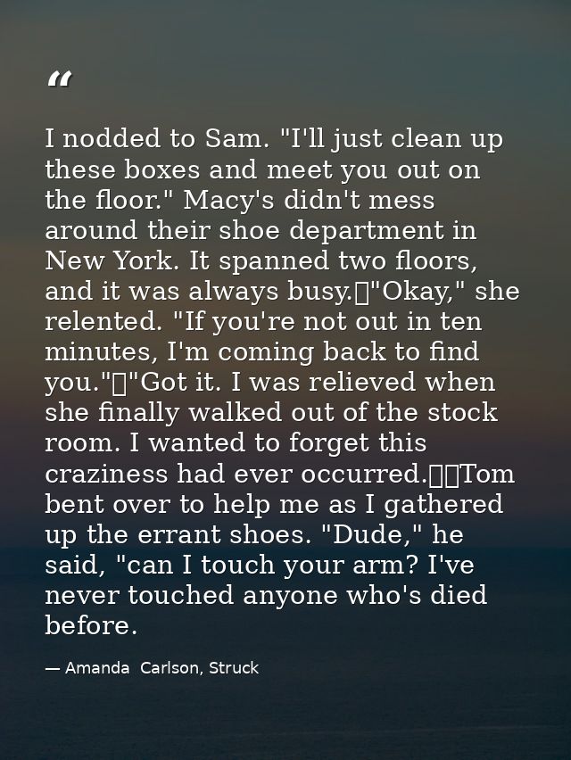 I nodded to Sam. "I'll just clean up these boxes and meet you out on the floor." Macy's didn't mess around their shoe de — Amanda  Carlson, Struck
