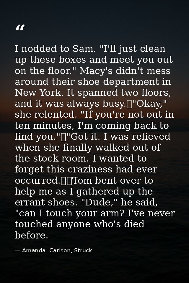 I nodded to Sam. "I'll just clean up these boxes and meet you out on the floor." Macy's didn't mess around their shoe de — Amanda  Carlson, Struck