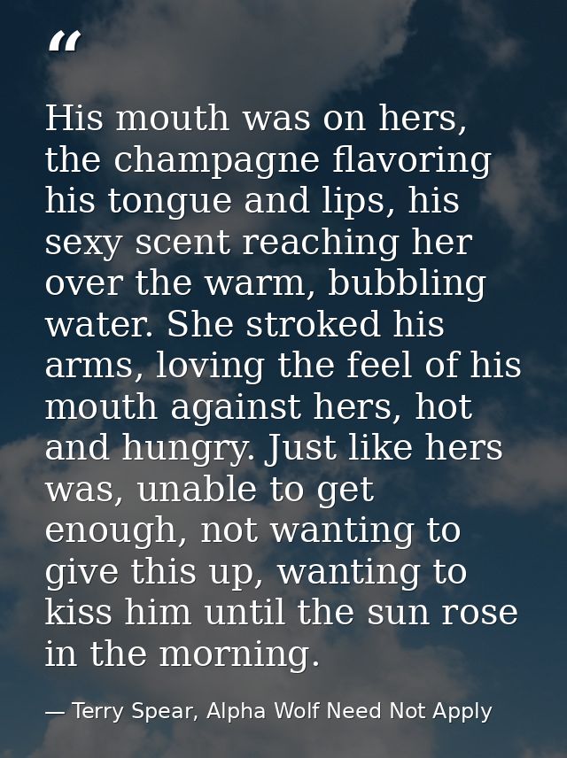 His mouth was on hers, the champagne flavoring his tongue and lips, his sexy scent reaching her over the warm, bubbling  — Terry Spear, Alpha Wolf Need Not Apply