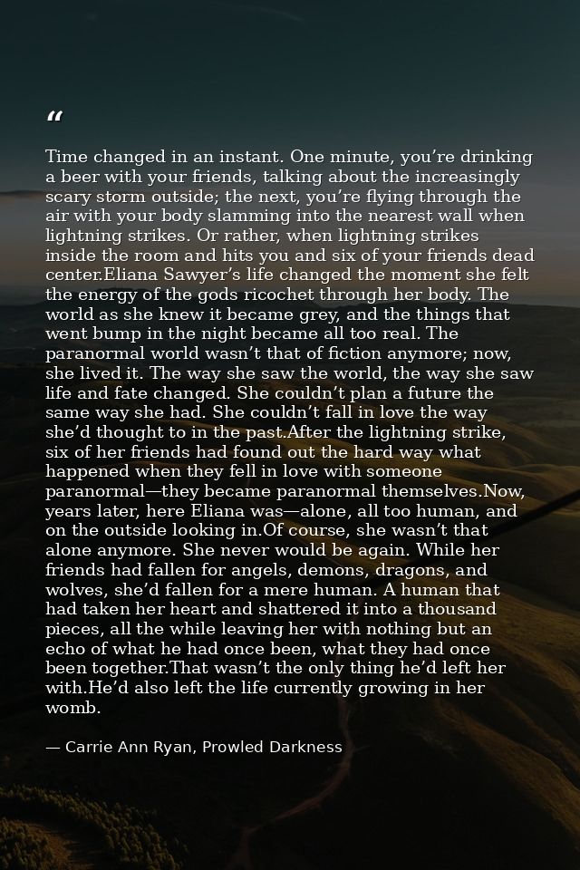 Time changed in an instant. One minute, you’re drinking a beer with your friends, talking about the increasingly scary s — Carrie Ann Ryan, Prowled Darkness