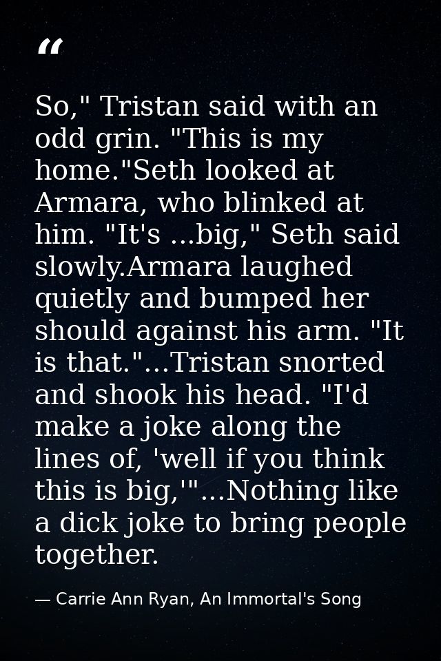 So," Tristan said with an odd grin. "This is my home."Seth looked at Armara, who blinked at him. "It's ...big," Seth sai — Carrie Ann Ryan, An Immortal's Song