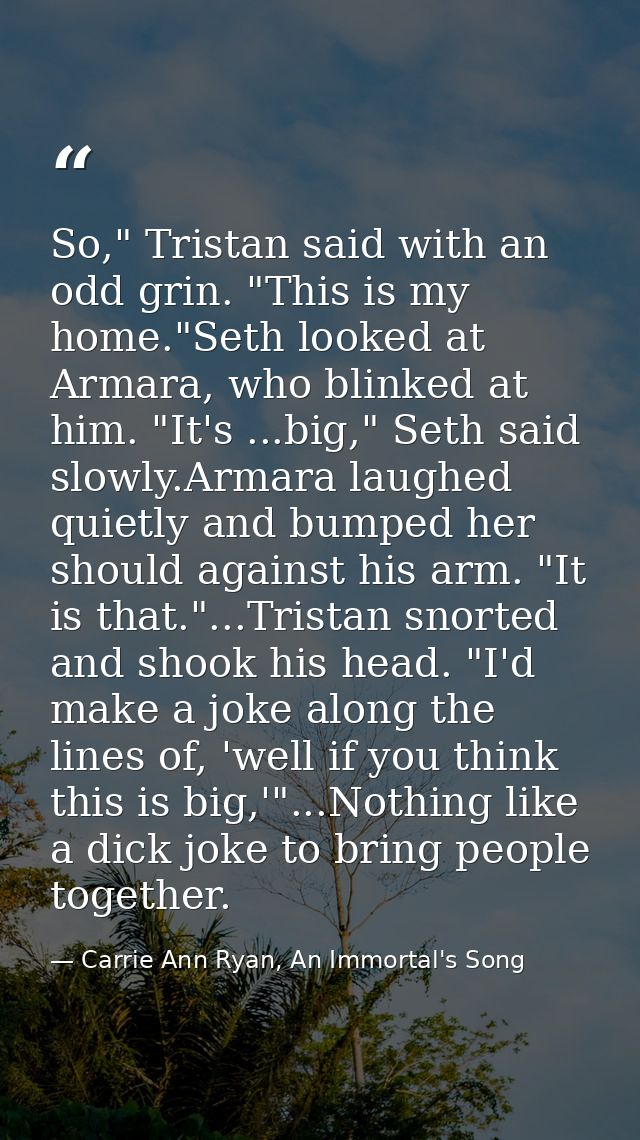So," Tristan said with an odd grin. "This is my home."Seth looked at Armara, who blinked at him. "It's ...big," Seth sai — Carrie Ann Ryan, An Immortal's Song