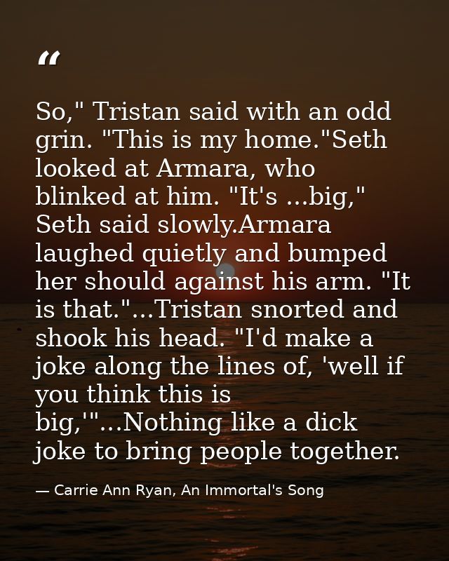 So," Tristan said with an odd grin. "This is my home."Seth looked at Armara, who blinked at him. "It's ...big," Seth sai — Carrie Ann Ryan, An Immortal's Song