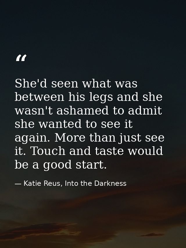 She'd seen what was between his legs and she wasn't ashamed to admit she wanted to see it again. More than just see it.  — Katie Reus, Into the Darkness