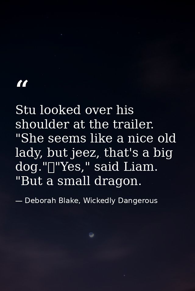 Stu looked over his shoulder at the trailer. "She seems like a nice old lady, but jeez, that's a big dog."	"Yes," said L — Deborah Blake, Wickedly Dangerous