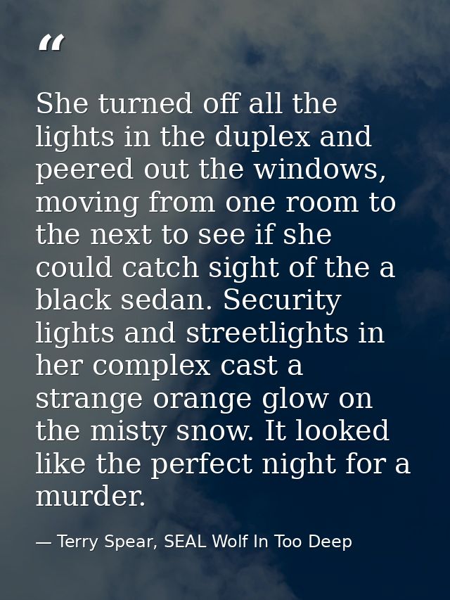 She turned off all the lights in the duplex and peered out the windows, moving from one room to the next to see if she c — Terry Spear, SEAL Wolf In Too Deep