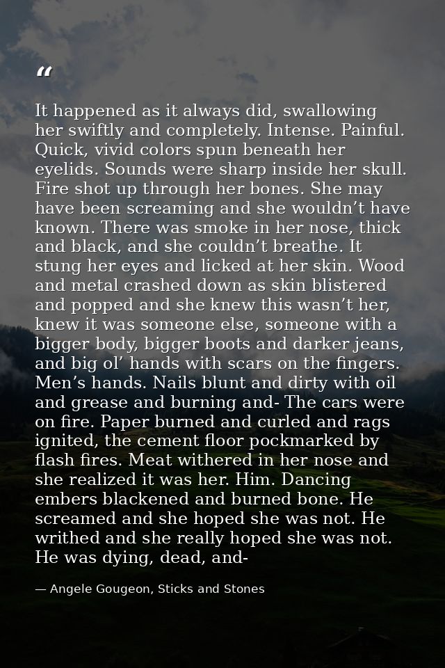 It happened as it always did, swallowing her swiftly and completely. Intense. Painful. Quick, vivid colors spun beneath  — Angele Gougeon, Sticks and Stones