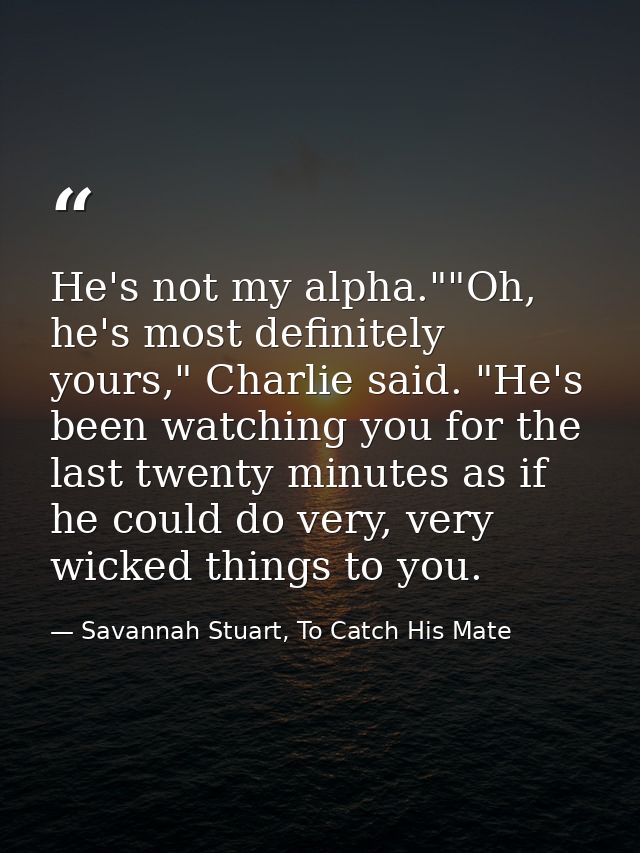 He's not my alpha.""Oh, he's most definitely yours," Charlie said. "He's been watching you for the last twenty minutes a — Savannah Stuart, To Catch His Mate