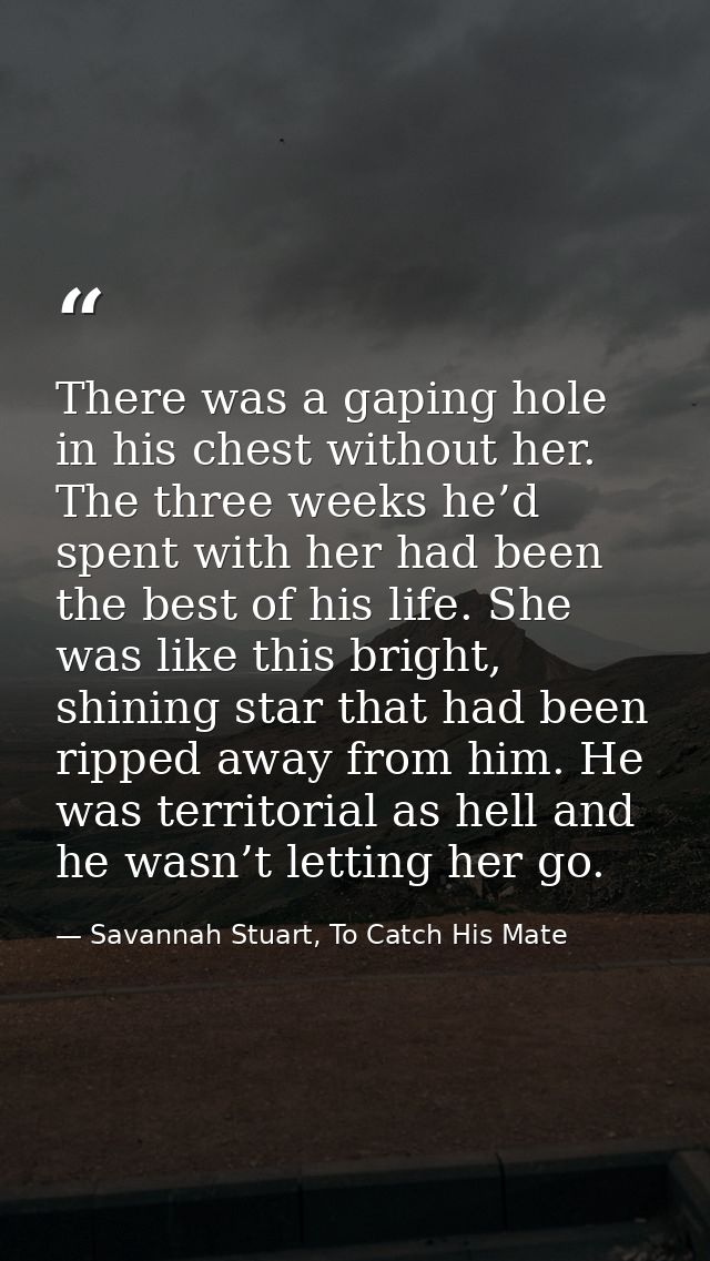 There was a gaping hole in his chest without her. The three weeks he’d spent with her had been the best of his life. She — Savannah Stuart, To Catch His Mate