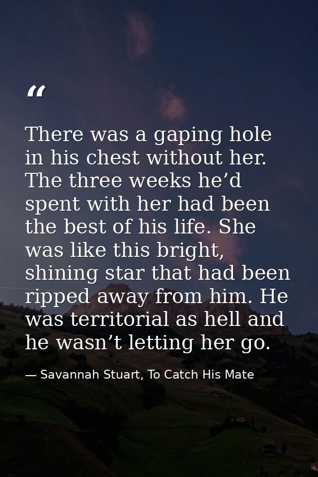 There was a gaping hole in his chest without her. The three weeks he’d spent with her had been the best of his life. She — Savannah Stuart, To Catch His Mate