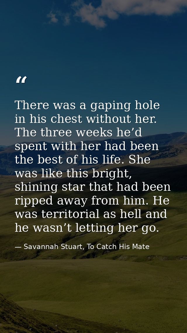 There was a gaping hole in his chest without her. The three weeks he’d spent with her had been the best of his life. She — Savannah Stuart, To Catch His Mate