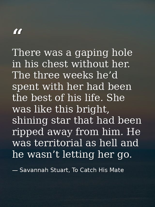 There was a gaping hole in his chest without her. The three weeks he’d spent with her had been the best of his life. She — Savannah Stuart, To Catch His Mate