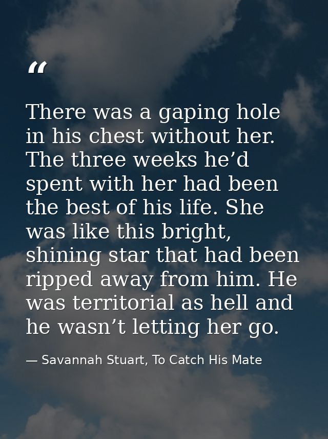 There was a gaping hole in his chest without her. The three weeks he’d spent with her had been the best of his life. She — Savannah Stuart, To Catch His Mate