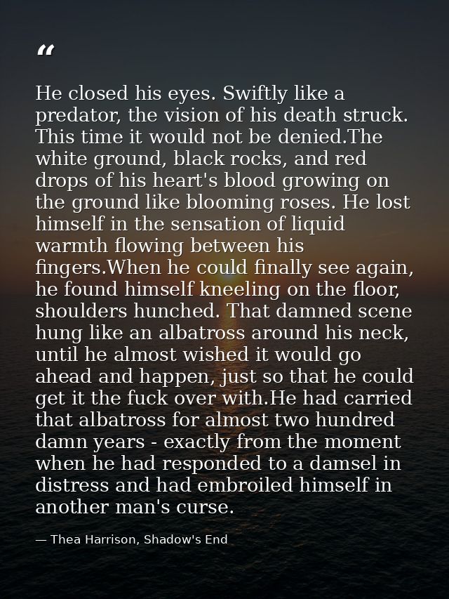 He closed his eyes. Swiftly like a predator, the vision of his death struck. This time it would not be denied.The white  — Thea Harrison, Shadow's End