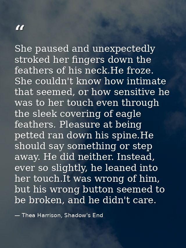 She paused and unexpectedly stroked her fingers down the feathers of his neck.He froze. She couldn't know how intimate t — Thea Harrison, Shadow's End