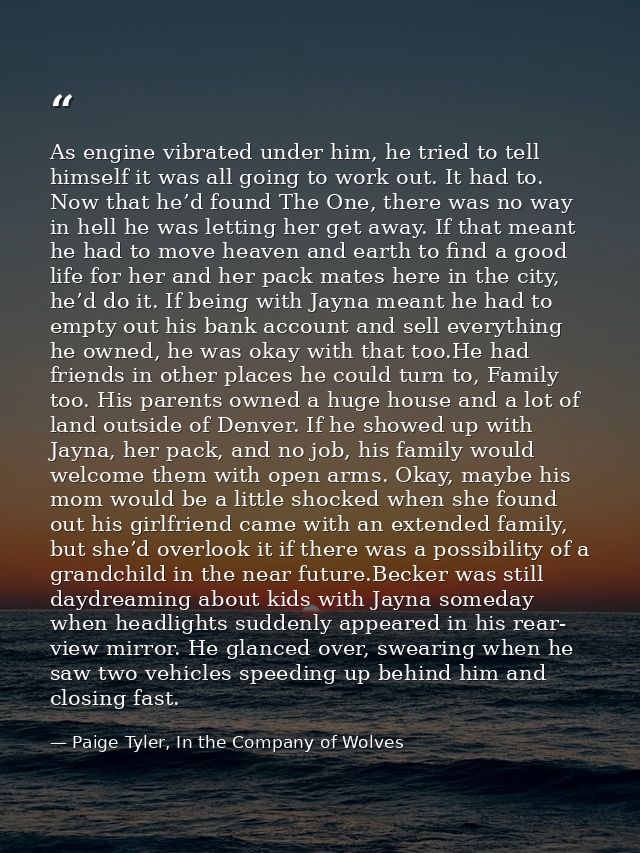 As engine vibrated under him, he tried to tell himself it was all going to work out. It had to. Now that he’d found The  — Paige Tyler, In the Company of Wolves
