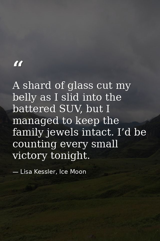 A shard of glass cut my belly as I slid into the battered SUV, but I managed to keep the family jewels intact. I’d be co — Lisa Kessler, Ice Moon