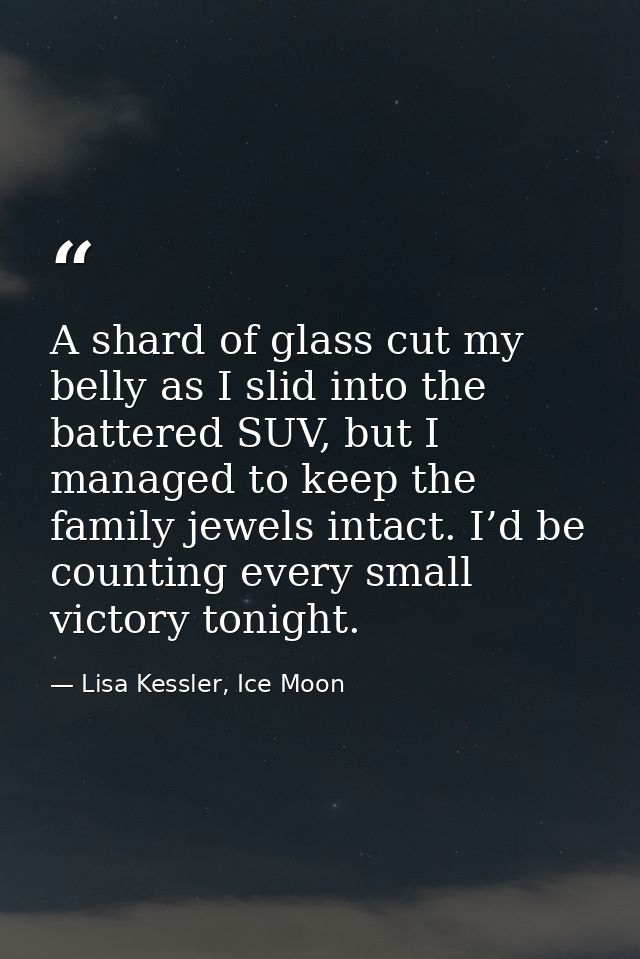 A shard of glass cut my belly as I slid into the battered SUV, but I managed to keep the family jewels intact. I’d be co — Lisa Kessler, Ice Moon